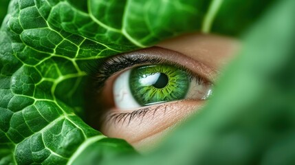 Obraz premium Close-up of eye with collard green leaf for vision health A vibrant green eye peeking through collard green leaves, symbolizing the vision-enhancing benefits of collard greens for eye health 