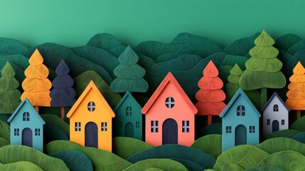 Naklejka premium Sustainable Living Concept with Paper Cutting Art - Eco-Friendly Houses and Nature in Vibrant Colors