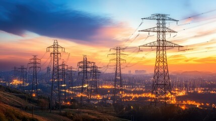 Fototapeta premium Electricity pylons and power infrastructure at sunset, emphasizing the importance of securing the energy grid
