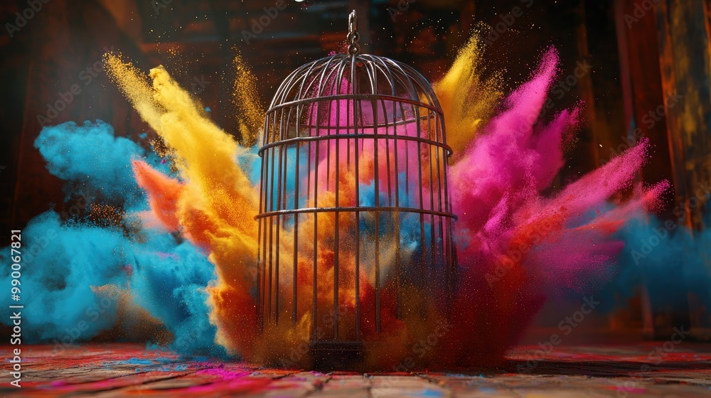 Poster exploding holi powder in bold colors inside a metal cage, creating a dynamic burst of vibrancy.