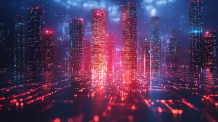 Obraz premium Futuristic Cityscape with Neon Lights and Abstract Grid Pattern