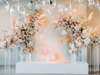 A contemporary wedding backdrop with large abstract floral installations in soft pastel tones, complemented by clear acrylic stands and hanging glass orbs