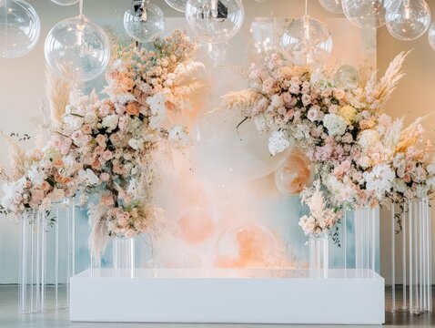 A contemporary wedding backdrop with large abstract floral installations in soft pastel tones, complemented by clear acrylic stands and hanging glass orbs