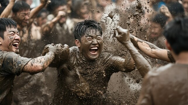 Festival-goers throwing handfuls of mud at each other in a friendly competition during the Boryeong Mud Festival.