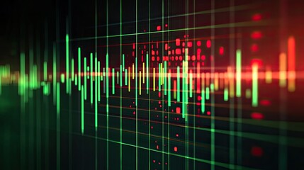 Financial graph concept showing candlestick patterns in green and red with a grid background. Dynamic lines for forex analysis.