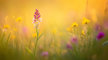 Fototapeta premium A vibrant wildflower meadow in spring showcasing colorful blooms under soft golden light