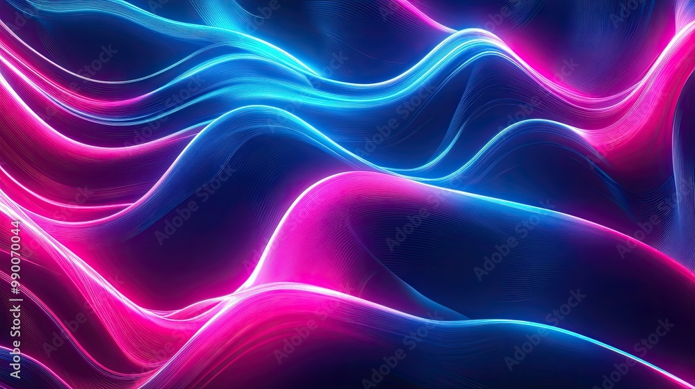 Poster flowing neon waves in blue and pink hues, creating an abstract digital background with a futuristic 