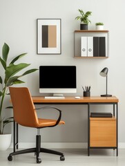 A minimalist home office space features a modern wooden desk with a comfortable brown leather office chair, a computer monitor, and a bookshelf with plants.