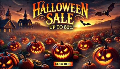 sale banner featuring glowing jack-o'-lanterns
