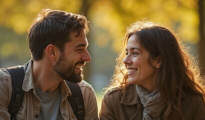 Fototapeta premium Happy young couple gazing at each other with smiles on a park bench during autumn sunset