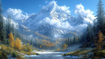 Majestic Mountain Peak with Snow Covered Forest and River