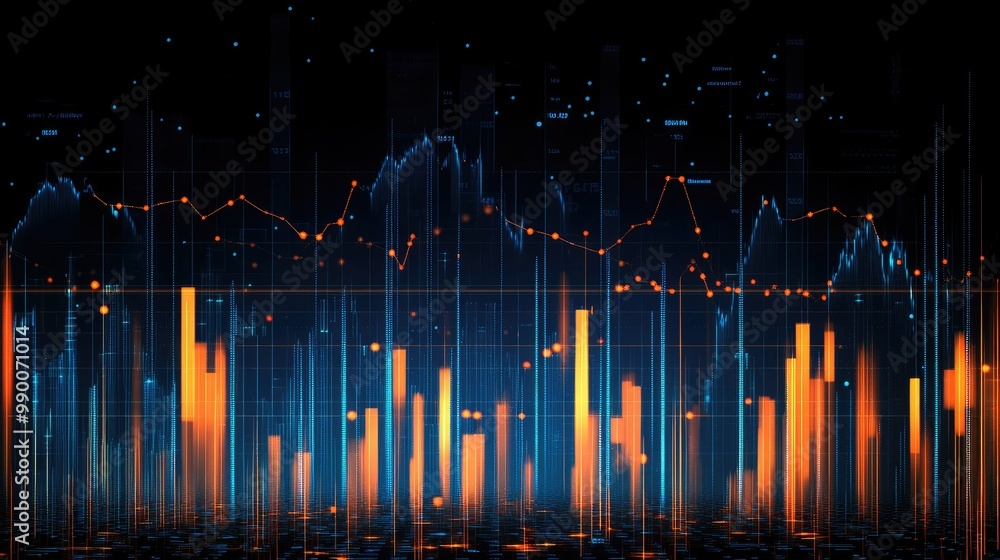 Poster forex trading graph with blue and orange lines showing rising and falling trends. financial data cha