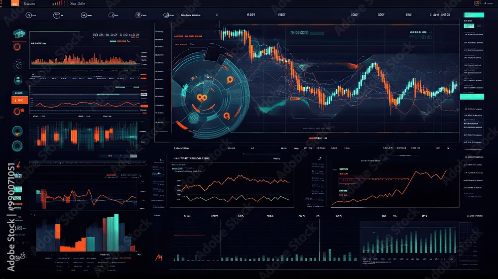 Poster forex trading platform graph with various indicators, showing a dramatic market shift in real-time d