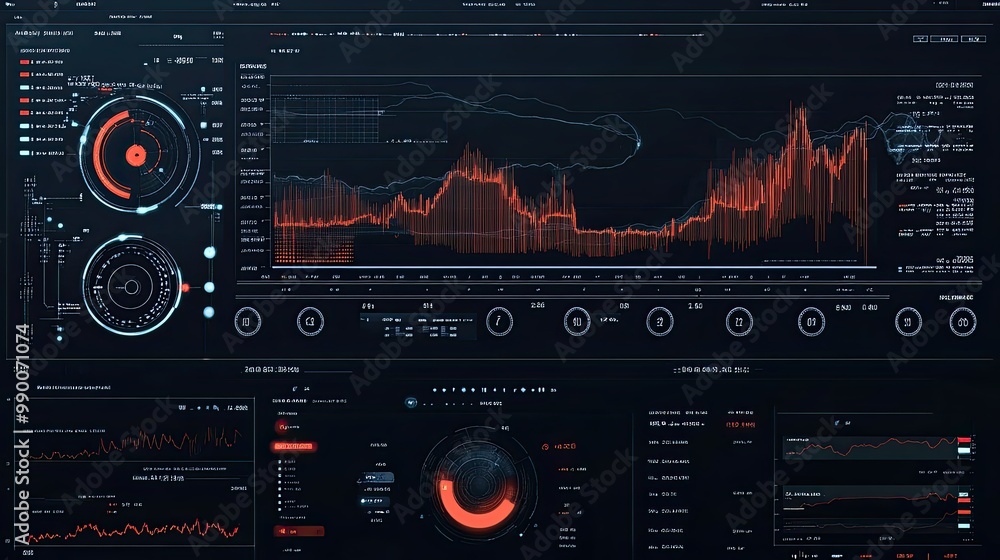 Poster forex trading platform graph with various indicators, showing a dramatic market shift in real-time d