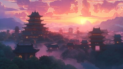 Obraz premium anime background of the landscape of a mist city