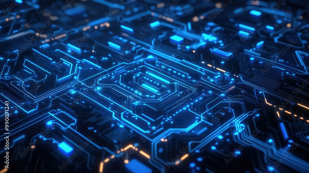 Poster futuristic abstract circuit board with glowing blue patterns, symbolizing advanced technological sys