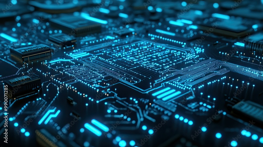 Poster futuristic abstract circuit board with glowing blue patterns, symbolizing advanced technological sys