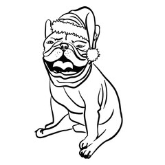 French bulldog sitting in a New Year's hat. The dog smiles in a suit. Sketch illustration. Black and white. Festive bulldog.