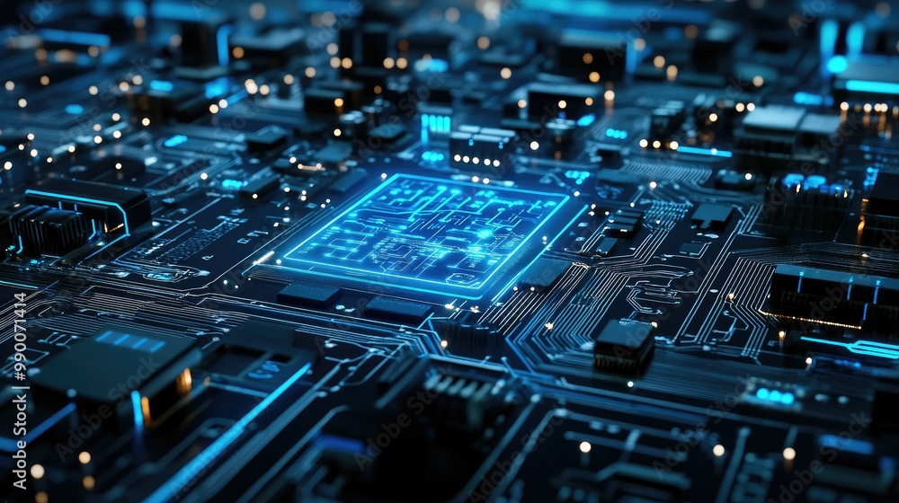 Poster futuristic abstract circuit board with glowing blue patterns, symbolizing advanced technological sys