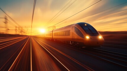 Naklejka premium A modern high-speed train races across the desert landscape towards a breathtaking sunset, symbolizing speed, progress, and the journey towards a brighter future.