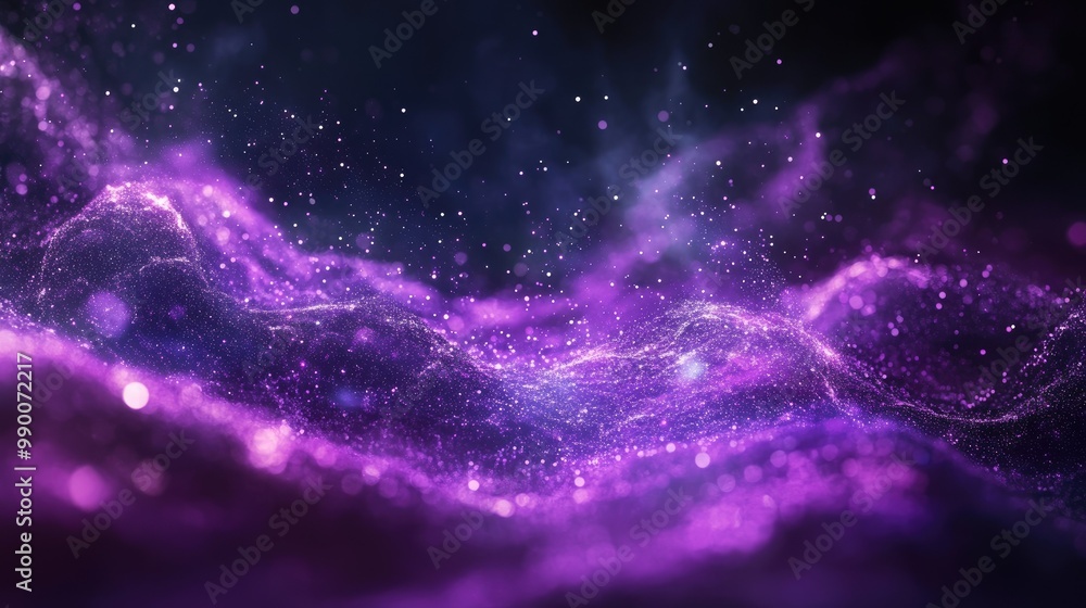 Poster futuristic purple space particles forming in a neon glow, creating a dynamic abstract background.