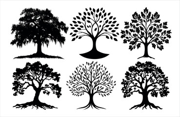 High quality oak tree silhouette vector isolated on white. nature. black color tree icon, copy space. 
