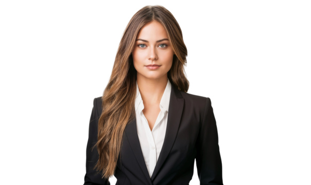 Portrait of a beautiful, smiling businesswoman with long blonde hair in a suit, professional headshot on transparent background