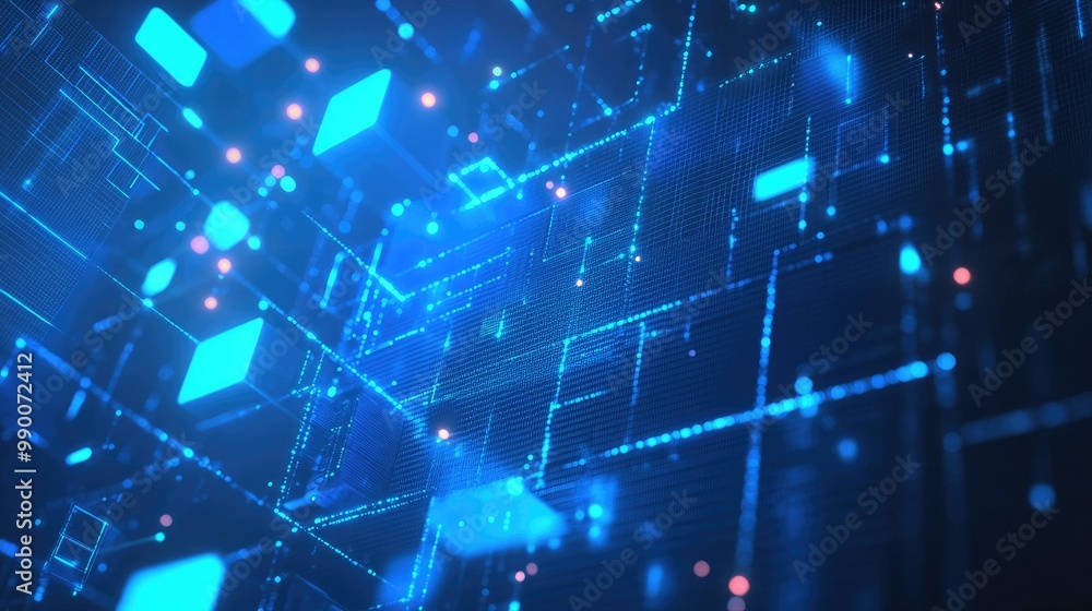 Poster futuristic wireframe background with blue squares and lines, symbolizing a high-tech digital interfa