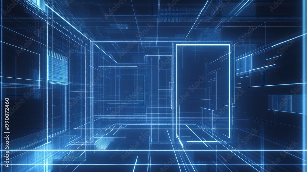 Poster futuristic wireframe background with blue squares and lines, symbolizing a high-tech digital interfa