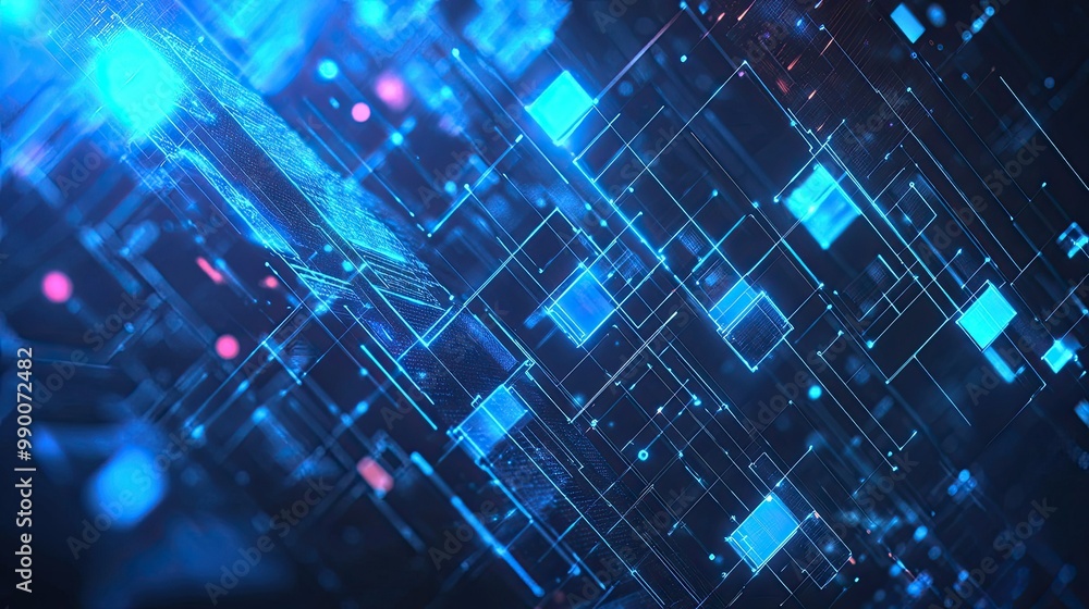 Poster futuristic wireframe background with blue squares and lines, symbolizing a high-tech digital interfa