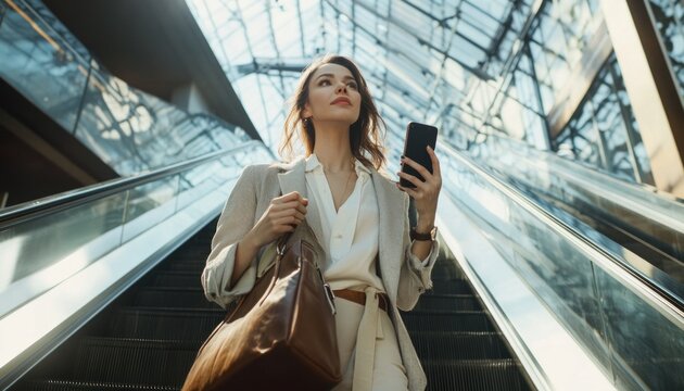 Professional Woman Ascending Escalator in Modern Business Setting with Smartphone