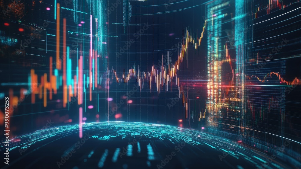 Poster global stock exchange data, with colorful market graphs, candlestick patterns, and futuristic interf