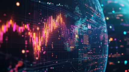 Fototapeta premium Global stock exchange data, with colorful market graphs, candlestick patterns, and futuristic interface.