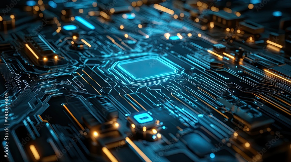 Poster glowing circuit board graphic with abstract lines, creating a futuristic digital design.