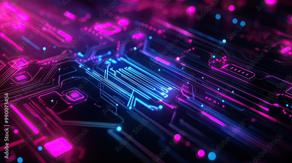 Poster glowing circuit board graphic with abstract lines, creating a futuristic digital design.