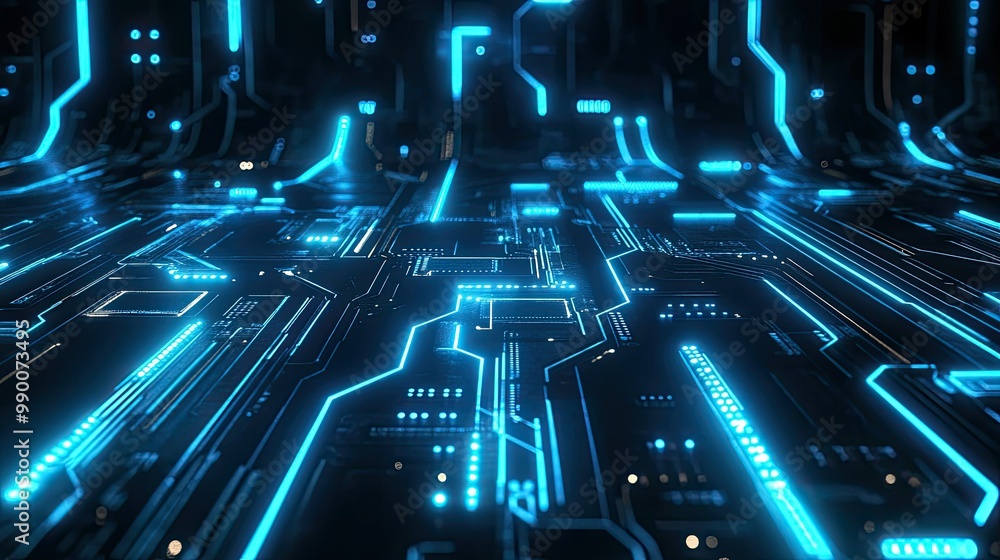 Poster glowing circuit board with blue neon lines in a futuristic abstract background design.