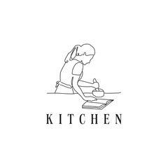 Woman cooking continuous line vector logo design