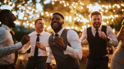 Young men dancing at a wedding reception, celebrating with friends.