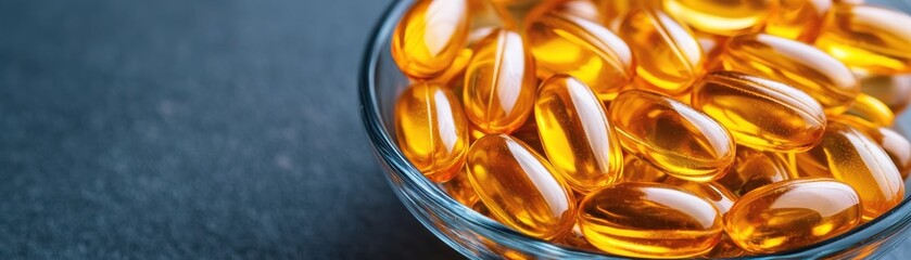 Bright orange health supplement capsules in a glass bowl, showcasing their shiny exterior against a dark backdrop.