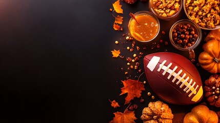American football with autumn-themed snacks on dark background. Seasonal fall sports party setup.