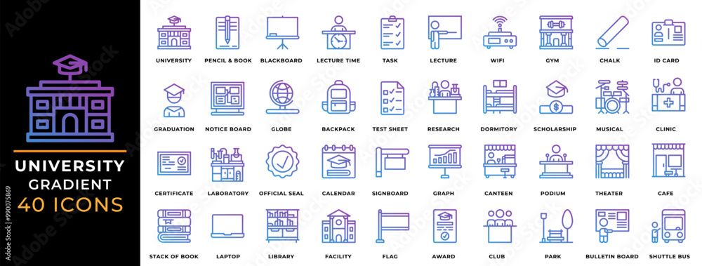 Poster set university gradient icon. editable outline design for back to school symbols. perfect for websit