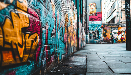 Obraz premium A graffiti-covered urban wall, showcasing vibrant colors, bold lines, and an edgy, artistic vibe