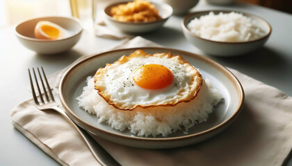 a plate of fried egg rice with a pair of spoons and forks, blurred background