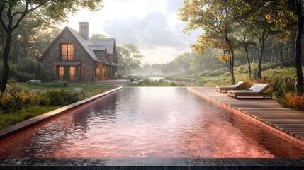 Tranquil Infinity Pool with Stone Cottage and Lush Forest Landscape