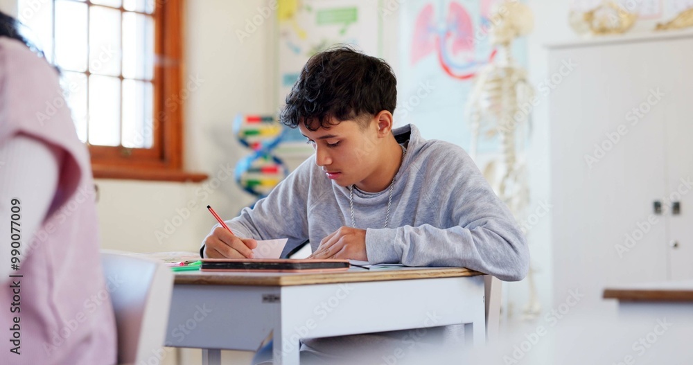 Poster writing, research and student in classroom for learning chemistry with notes for exam, test or proje