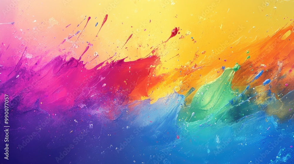 Poster high digital abstract background with vivid rainbow paint splatter over a smooth gradient, creating 
