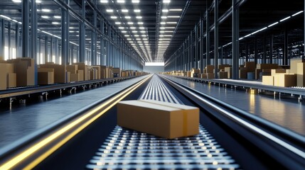 Fototapeta premium High-speed conveyor belts transporting packages in an advanced warehouse with minimal human intervention.
