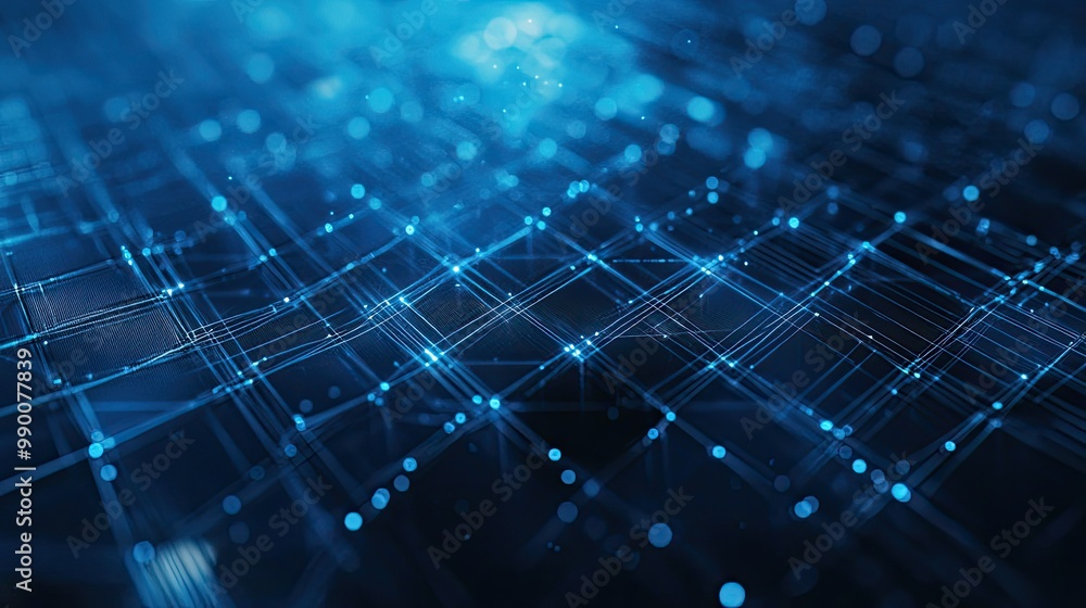 Poster high-tech digital background with wireframe squares and plexus lines in blue, showcasing cutting-edg