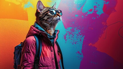 A stylish cat wearing glasses and a jacket stands confidently in front of a vibrant graffiti wall, showcasing urban flair
