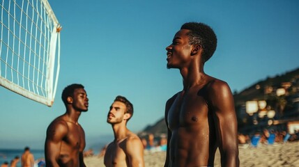 Young men hanging out at the beach, playing volleyball.